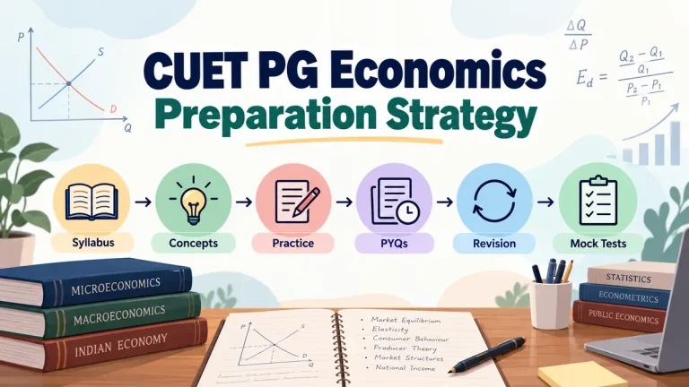 CUET PG Economics preparation strategy showing syllabus, concepts, PYQs, revision and mock tests