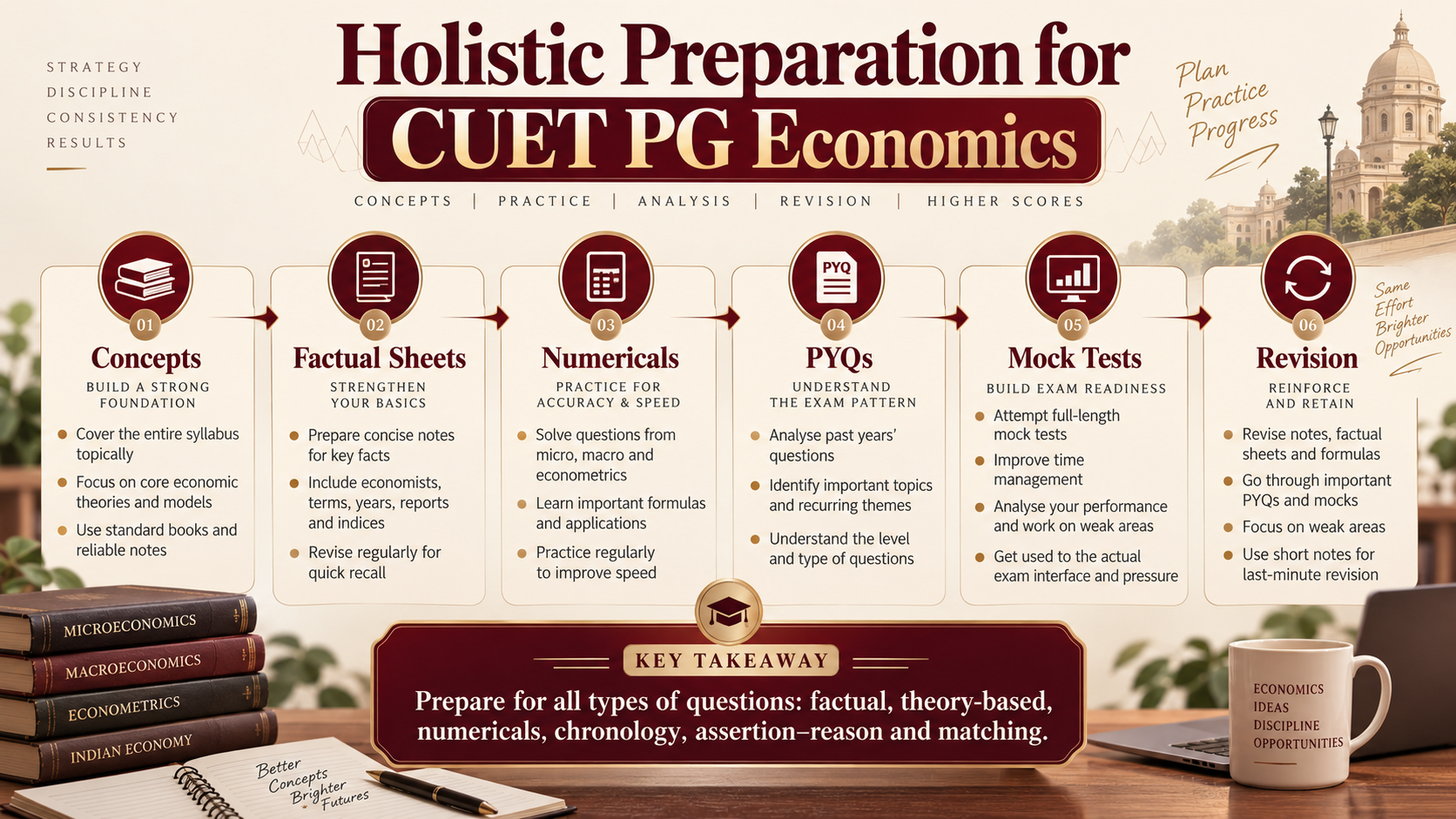 Holistic preparation strategy for CUET PG Economics covering concepts factual questions numericals PYQs mock tests and revision
