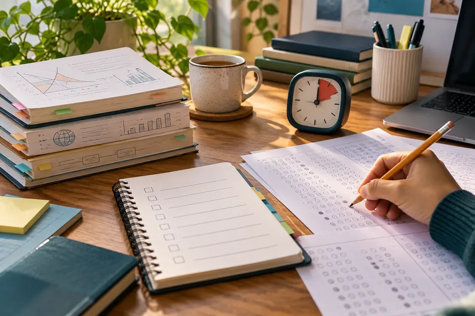 Student reviewing CUET PG Economics mock-test answers alongside self-written revision notes and a timer