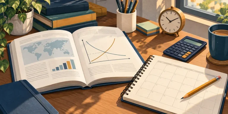 Economics textbook, calculator and blank planner on a study desk for a six-month preparation plan