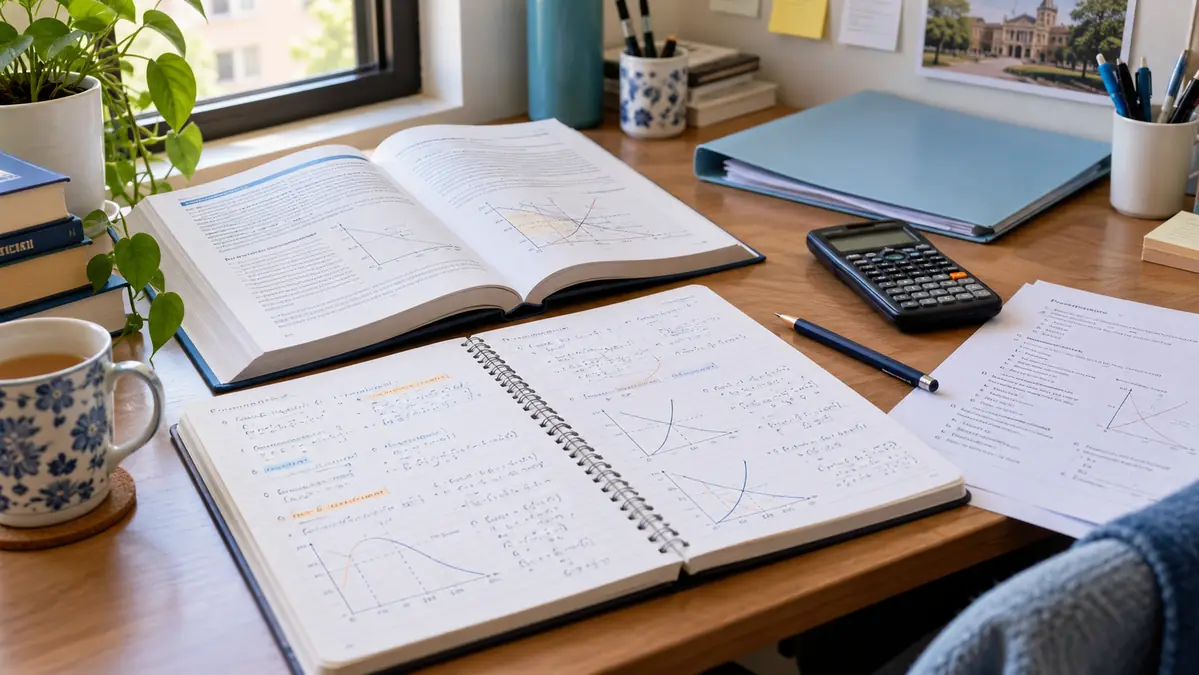 Open economics textbook, handwritten graphs and practice questions on a study desk